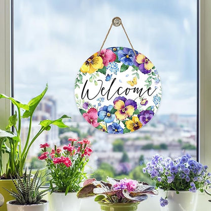Welcome Spring Summer Floral Flowers Front Door Sign, Pansy Forget Me Not Wood Door Hanger Outdoor Outside Porch Decor, Butterfly Seasonal Wooden Wreath Indoor Wall Hanging Decoration
