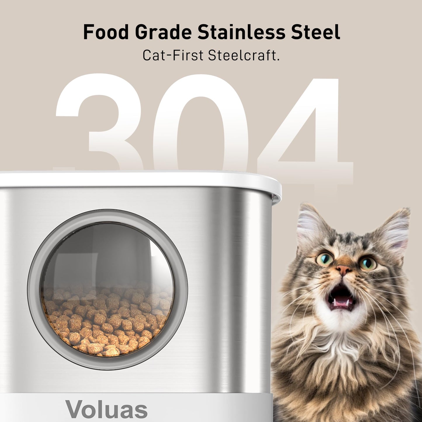 VOLUAS Automatic Cat Feeders for Two Cats,Stainless Steel 5L Pet Feeder for Cats and Dogs Timed Cat Feeder Pet Dry Food Dispenser, White