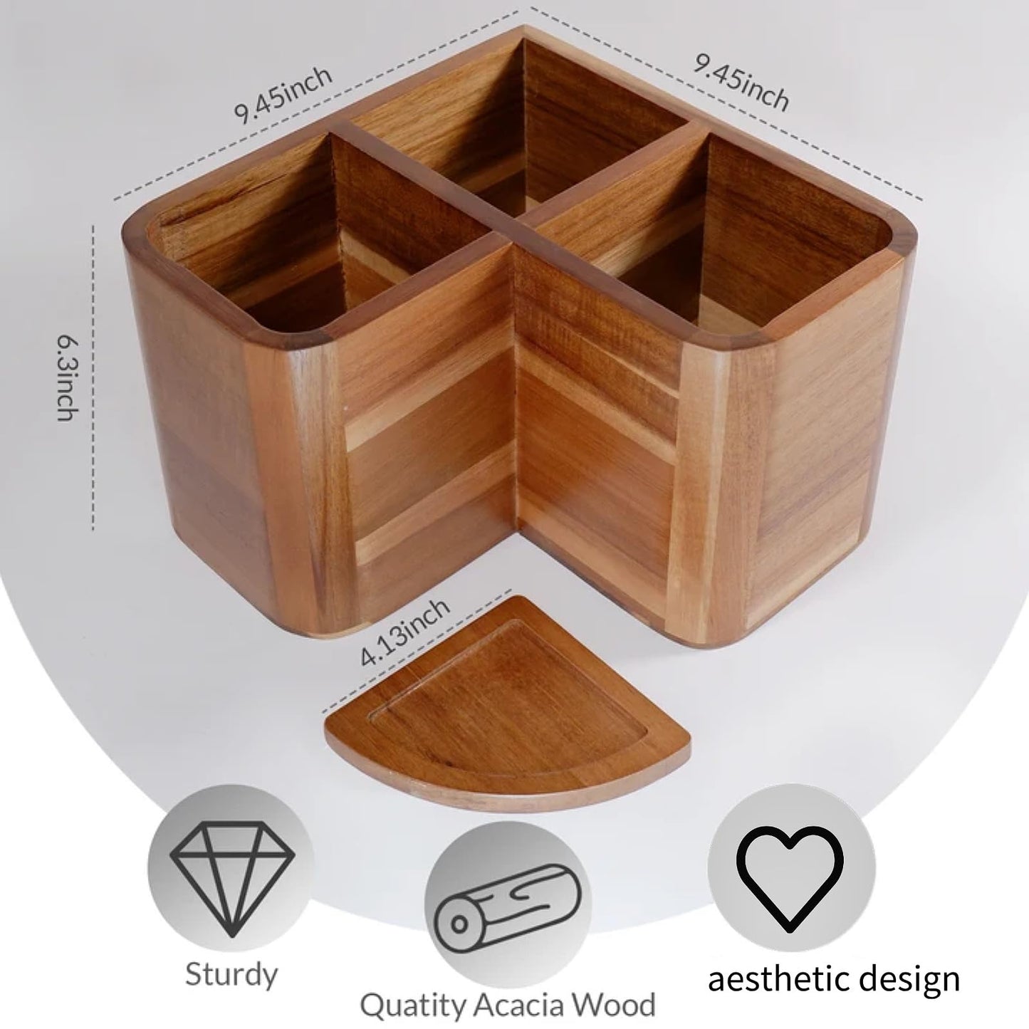 Liberal Brightdeer Large Kitchen Utensils Holder with 3 Compartments,Corner Utensil Caddy for Countertop,Acacia Wooden Utensil Organizer for Kitchen Countertop, Farmhouse Decor