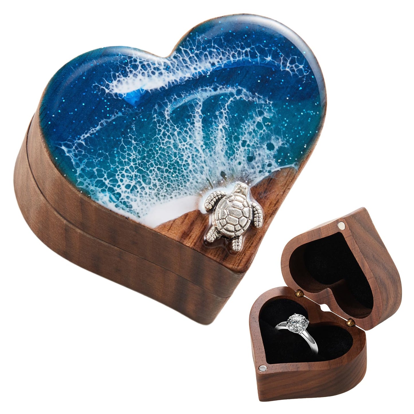 SAMAH Ocean Resin Heart Engagement Ring Box, Personalized Walnut Wooden Ring Box, Ring Display Box for Proposal, Wedding, Anniversary, Valentine's Day, Christmas, Birthday Gifts for Women