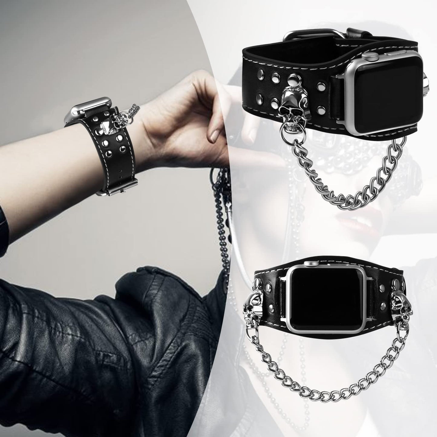 VIQIV Leather Skull Cuff Bracelet Compatible with Apple Watch Band Ultra 49mm 44mm 45mm 42mm 41mm 40mm 38mm Series 9 8 7 6 5 4 3 2 SE for Men Women, Punk Steampunk Wrist Watch Strap for iwatch Band