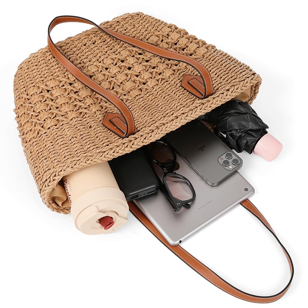 Women's Straw Shoulder Bag Large Rattan Woven Totes Summer Travel Beach Handbag Handmade Top Handle Purse