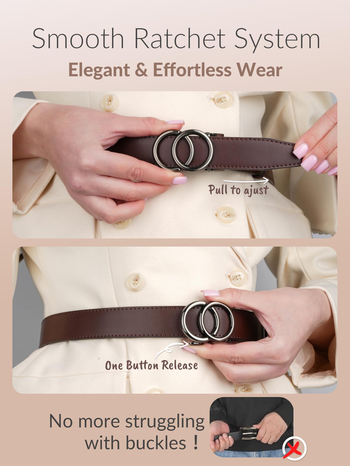 MILORDE Womens Ratchet Leather Dress Belt - 3cm/1.18“ width,Size Customizable Fit,Designs for Dress and Casual (W119-coffee, 36" to 42" Waist Adjustable)