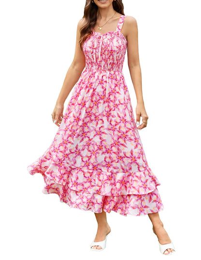 GRACE KARIN Women's 2025 Summer Floral Boho Dress Square Neck Strapped Swing A Line Sundress Beach Long Maxi Outfits