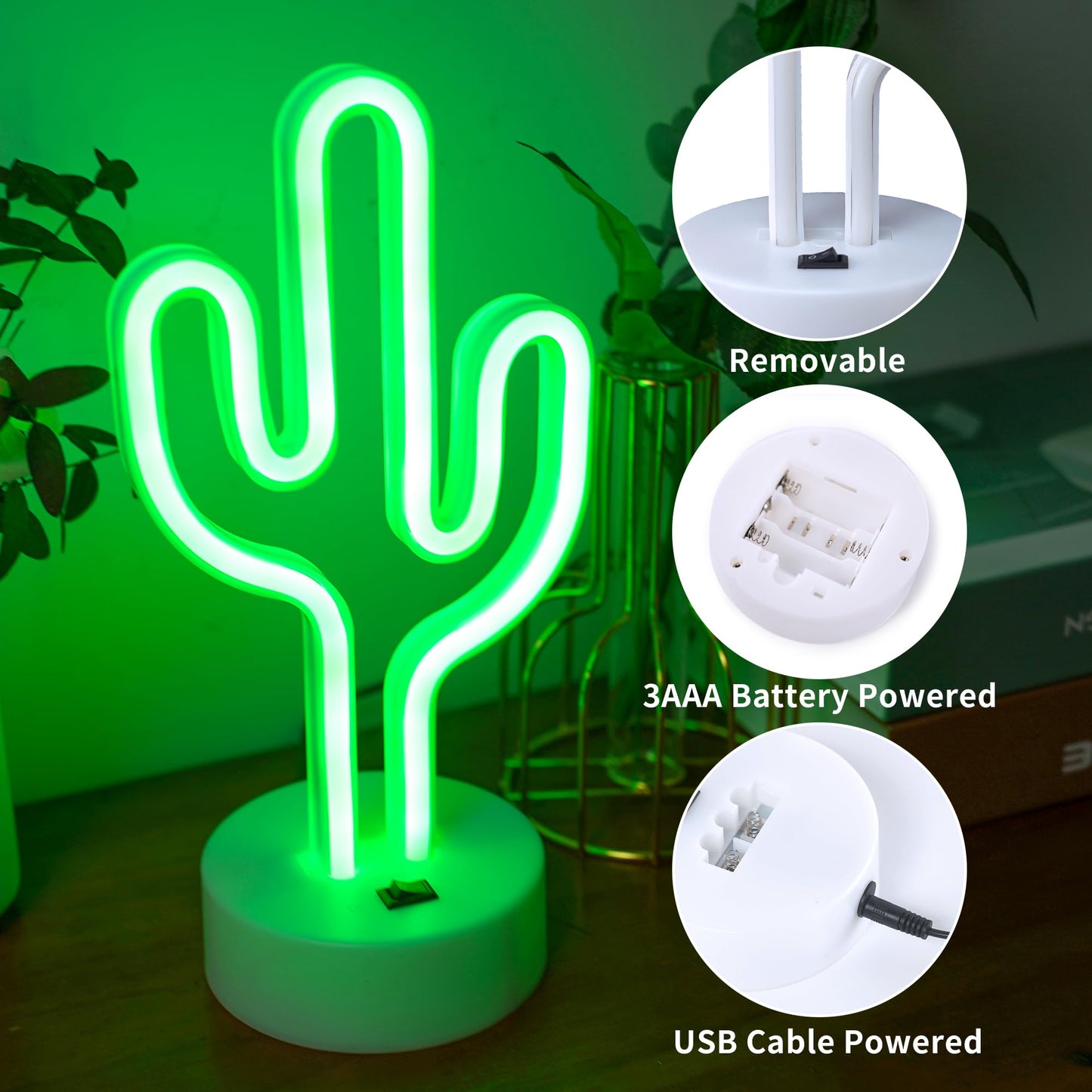 Green Cactus Neon Lights with Holder Base, Cactus Neon Signs for Bedroom, Tabletop, Bar, Birthday, Christmas Decor, Luau Summer, Mexican Party, Battery/USB Powered LED Night Light Children Gift
