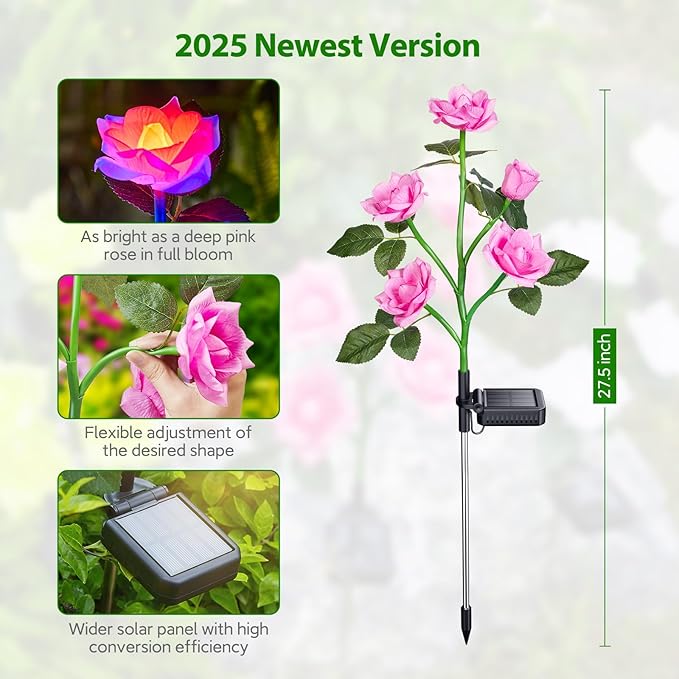 RECHOO Solar Garden Lights - 6 Pack Upgraded Garden Decor with 30 Rose Flowers, 7 Color Changing Waterproof Solar Flowers for Outside Yard Pathway Decoration