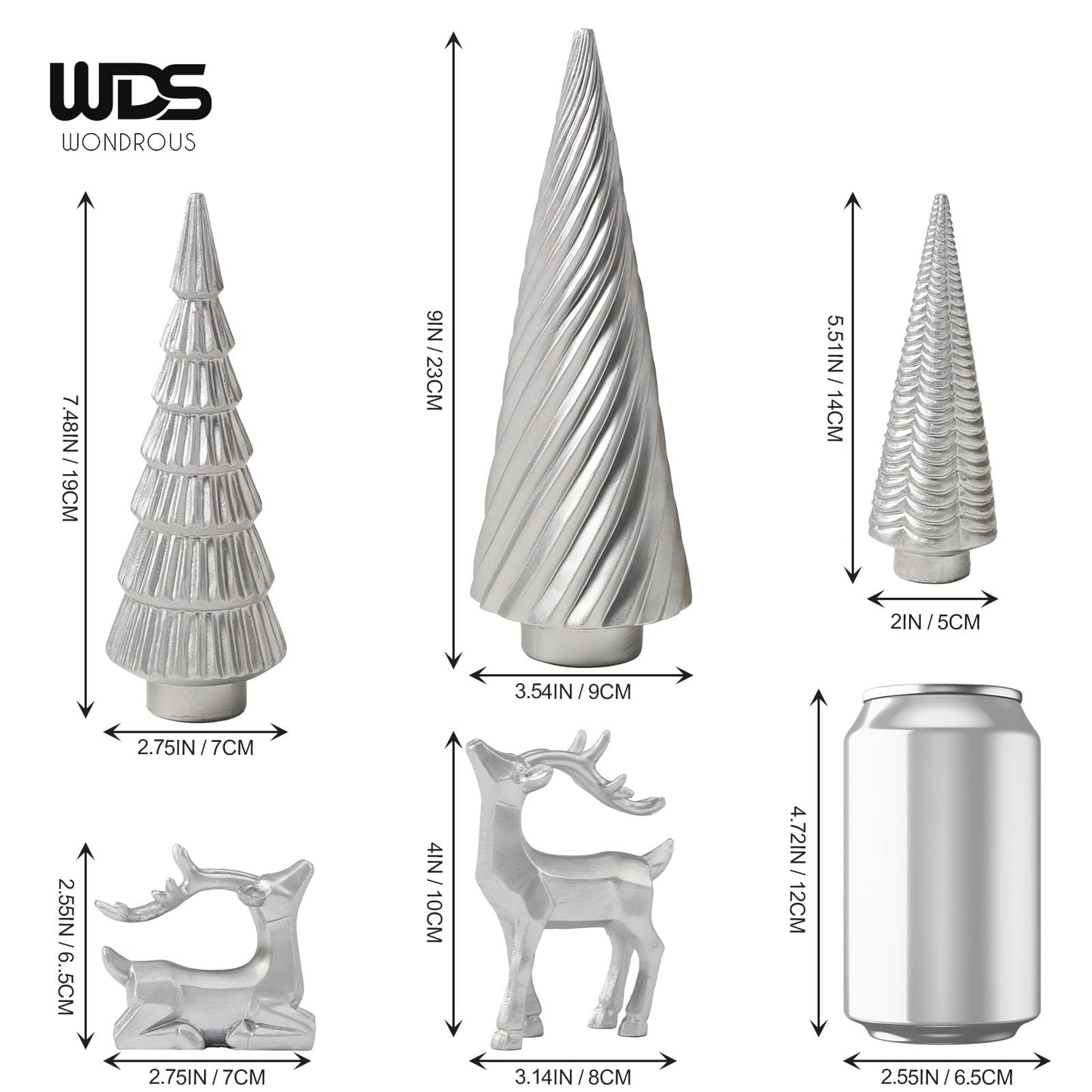 WDS WONDROUS Christmas Decor Trees and Reindeer Figurines Decoration- Sliver Set of 5 Christmas Tree Statues and Deer Decor Set, Resin Ornaments Tabletop Shelf Office Indoor