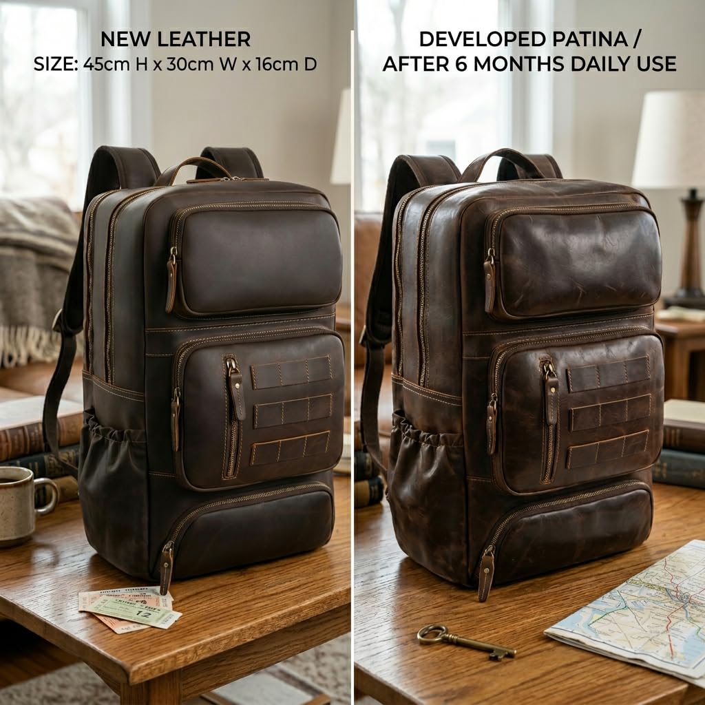 Full Grain Leather Backpack for Men, 17” Laptop Shoulder Bag, Large Capacity Travel Business Rucksack with YKK Zippers, Ergonomics S-Shape Padded Straps, Multi Pockets, Water Bottle Pocket, Brown
