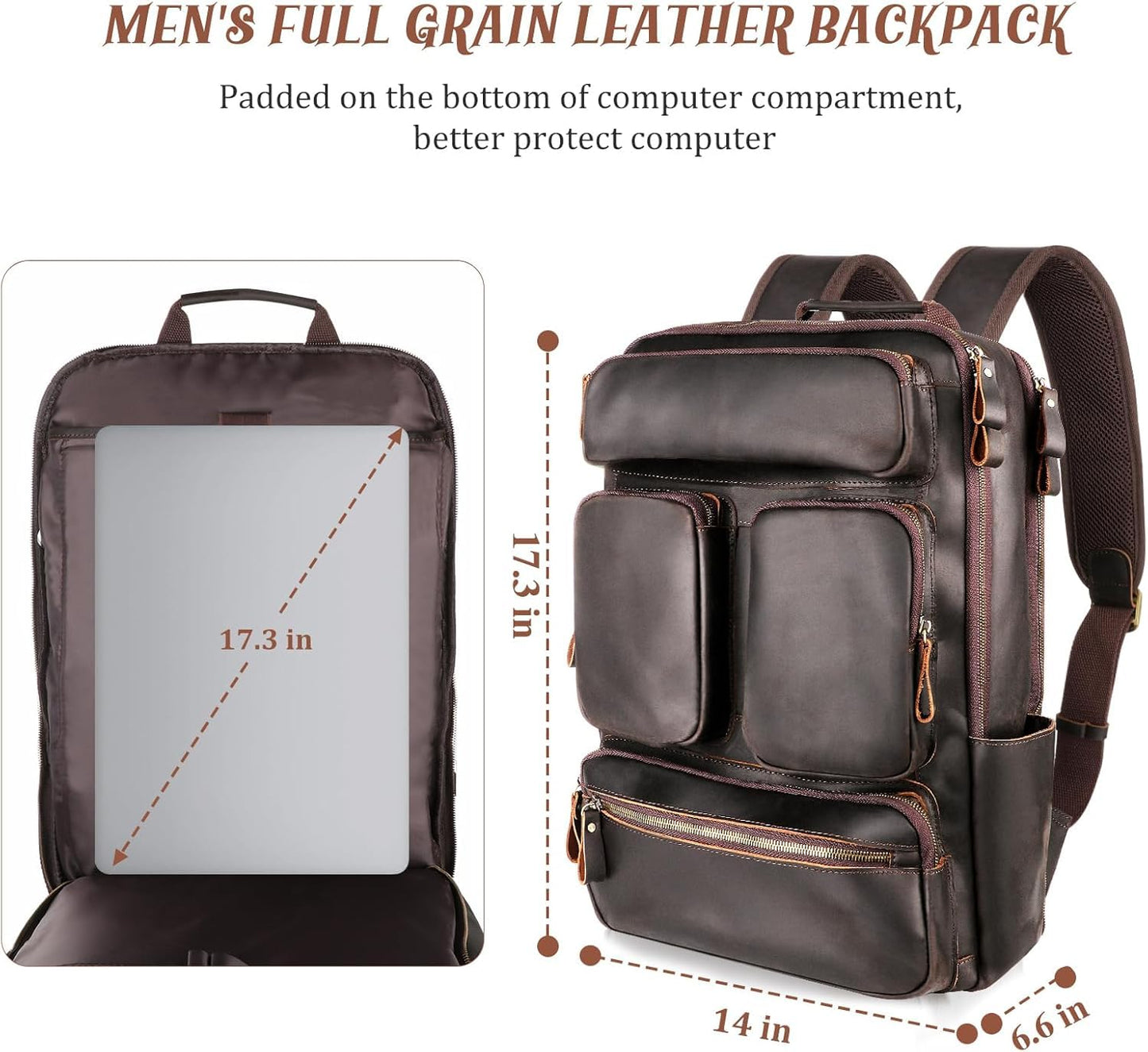 Fshsup Vintage Genuine Leather Backpack for Men 17.3" Laptop Bag Full Grain Leather Backpack Travel Weekender Hiking Shoulder Daypacks Overnight Weekender Rucksack