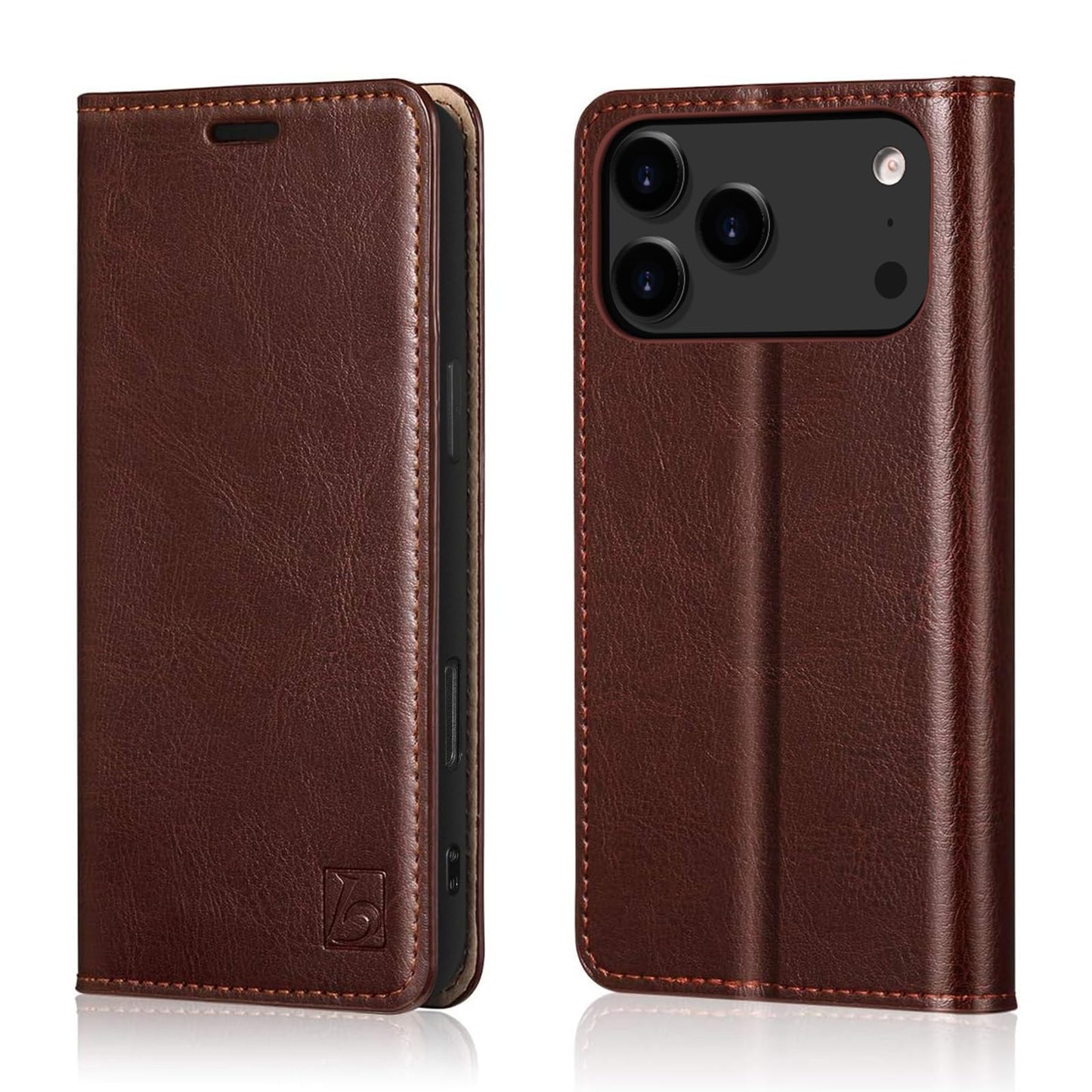 Belemay Leather Wallet Case Compatible with iPhone 17 Pro Max, Premium Cowhide Leather Two-Tone Effect, RFID Blocking Card Holders, Shockproof TPU Shell, Kickstand, Protective Flip Cover, 6.9", Brown