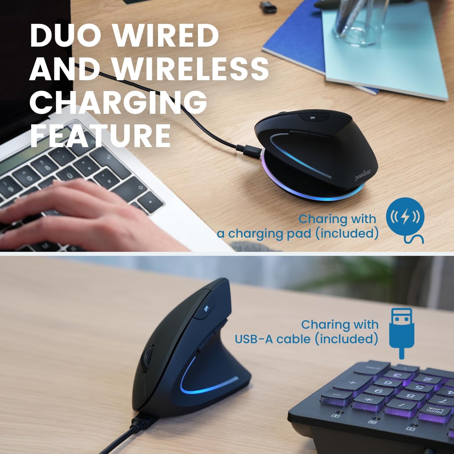 Perixx PERIMICE-713 Wireless Ergonomic Vertical Mouse - 800/1200/1600 DPI - Right Handed - Recommended with RSI User