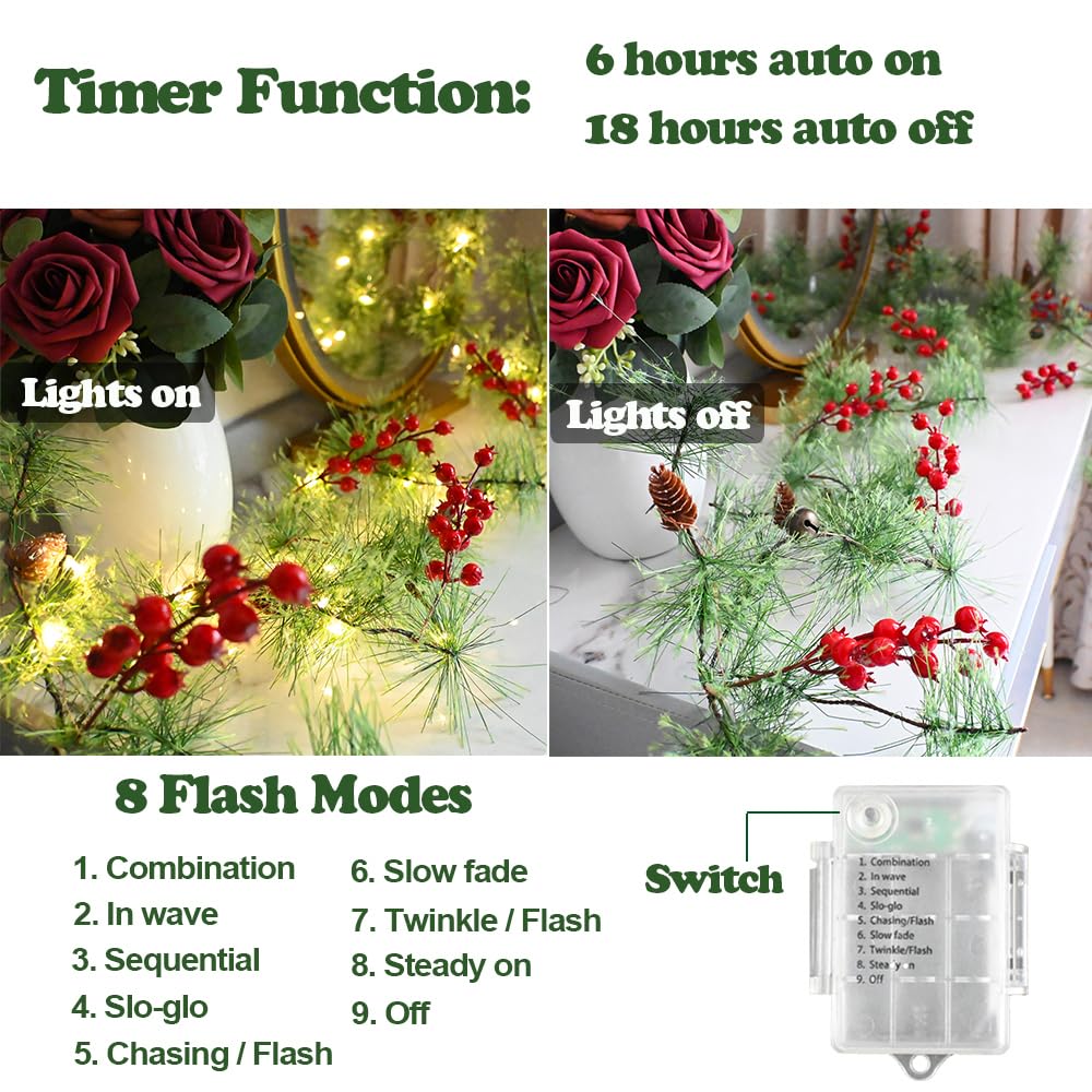 Christmas Garlands 6.56FT 30 LED Remote Garlands with Lights Battery Operated Pine Garland with Artificial Greenery Garland Christmas Decorations Timer & 8 Flash Modes
