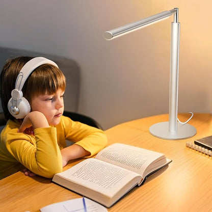 Metal Desk Lamp for Home Office - Foldable LED Table Lamp for Reading, 4 Color & 6 Brightness, 15W Dimmable Desk Light with Flexible Arm, Eye-Caring Desktop Lamp for College Dorm, Silver