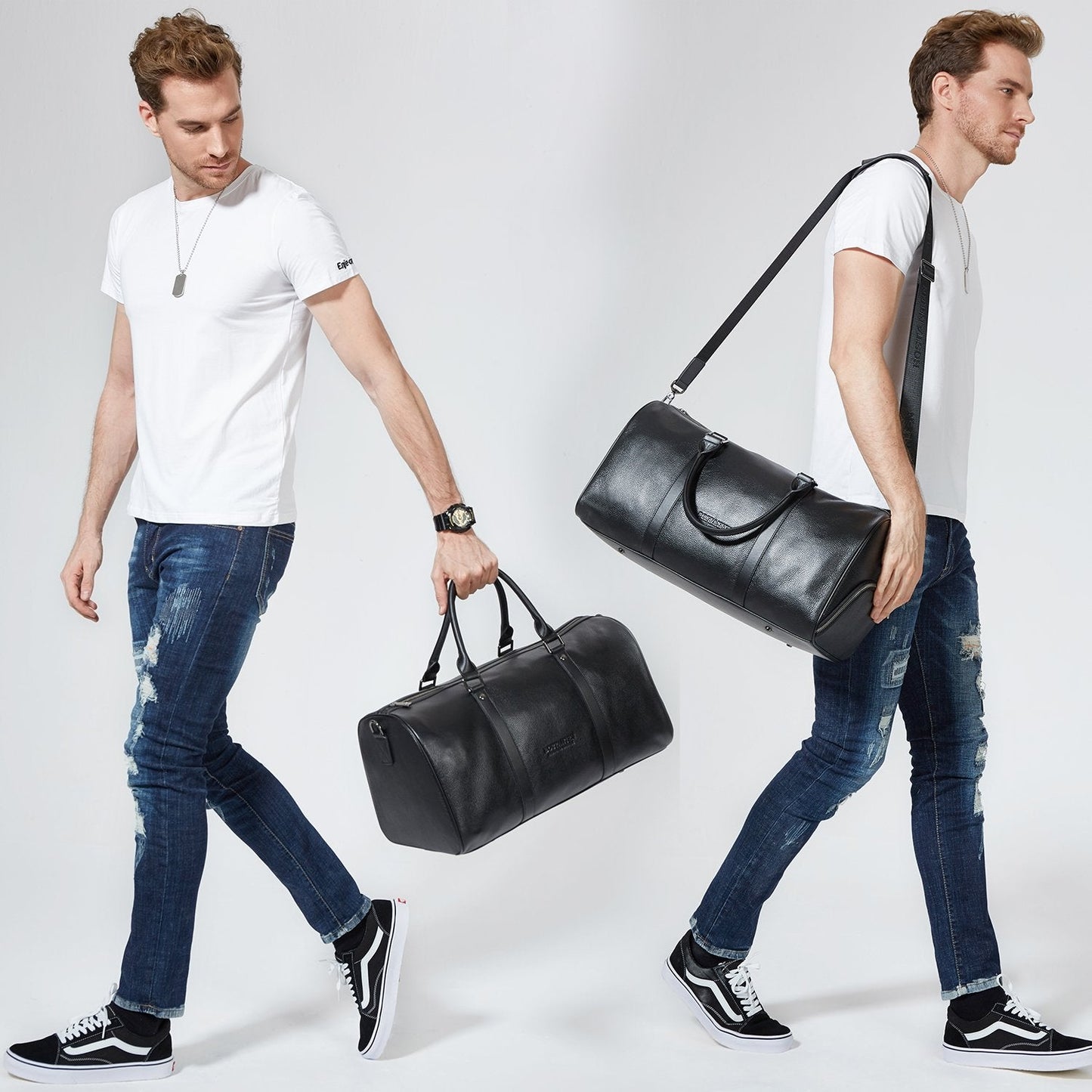 BOSTANTEN Genuine Leather Travel Weekender Overnight Duffel Bag Gym Sports Luggage Tote Duffle Bags for Men Medium: 18.5"X9.25"X10.50"