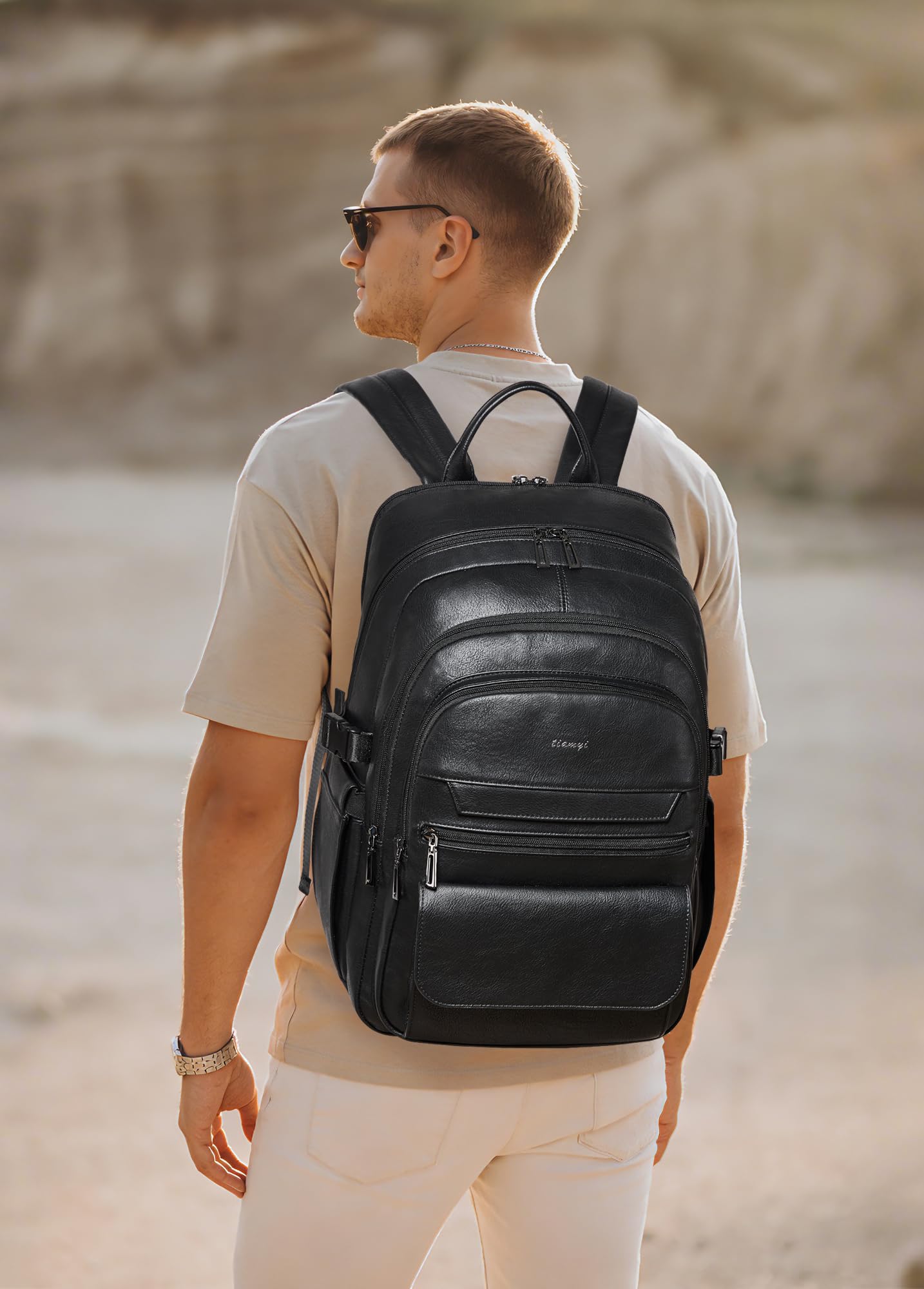 tiamyi Vegan Leather Backpack, TSA Travel Backpack for Men and Women, Fits 17.0 Inch Notebook with Luggage Strap and USB Port, Black