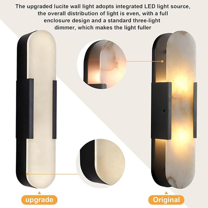 Alabaster Wall Sconces Set of 2,19.7'' Brass Wall Sconce Natural Marble Wall Sconce for Bathroom, Indoor Modern Wall Light Fixtures for Living Room Hallway Stairs Vanity Bedside, Black