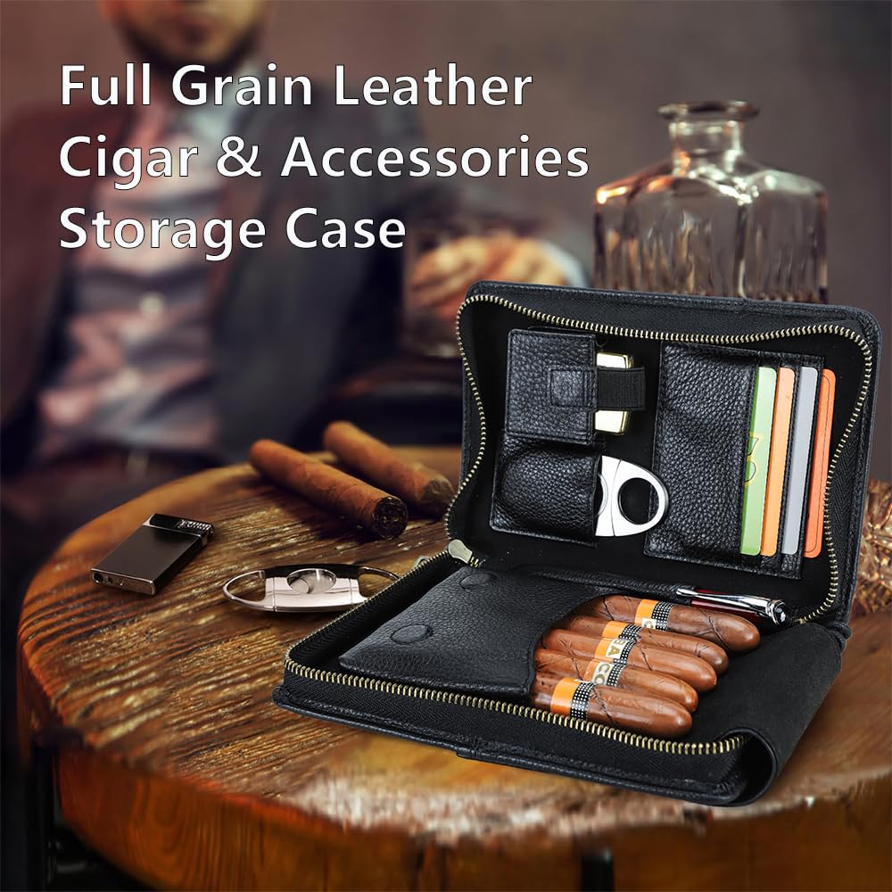 CONTACTS Full Grain Leather Cigar Case Travel Cigars Humidor Box Accessories Organizer with Cigar Cutter Lighter Pocket for 5 Pcs Cigars (Black)