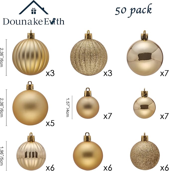 50ct Christmas Balls Ornaments for Xmas Tree, Gold Shatterproof Christmas Tree Decorations Hanging Ball for Holiday Party Decor(1.57"-2.36")