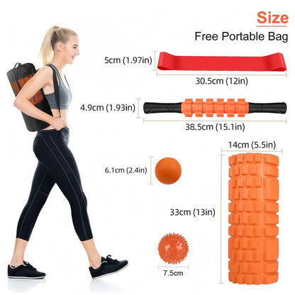 Aucuu 6 in 1 Foam Roller Set Includes Hollow Core Massage Roller, Yoga Stick, Massage Ball, Fitness Stretching Strap, Carrying Bag, Towel, Massage Roller (Orange)