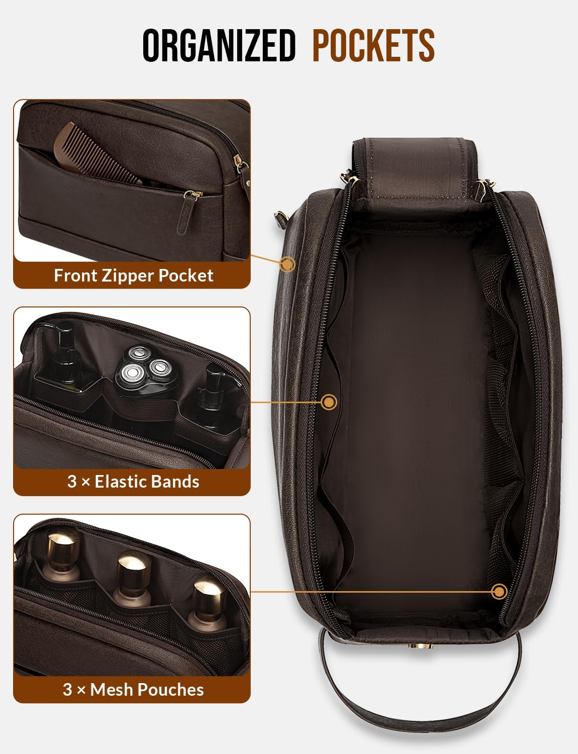 Celvetch PU Leather Toiletry Bag for Men - Water Resistant Travel Bag for Toiletries, Bathroom Essentials, Accessories - Dark Brown