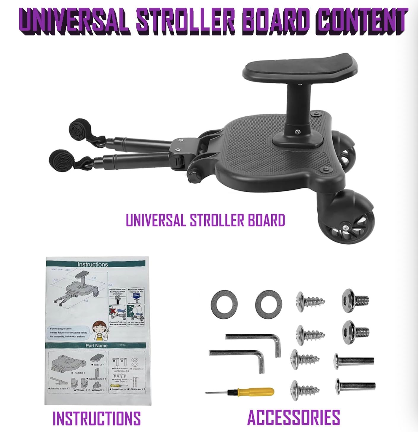 VLIEOVHN Universal Toddlers Stroller Board Kids Buggy Pushchair Jogger Travel Pram Buggy Board 2in1 Detachable Seat Or Stand Ride-on Connector Pram Accessories