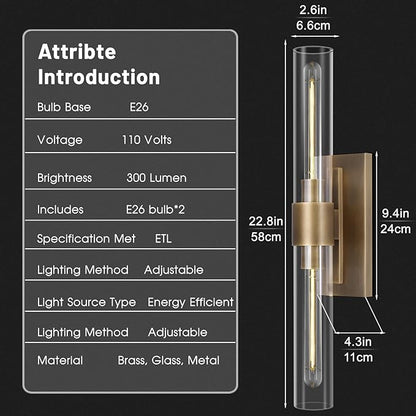 Brass Vanity Light Hardwired, 2-Light Bathroom Wall Sconce Over Mirror, 22.8" Gold Vanity Lights for Bathroom, Dimmable Wall Sconce with Glass Tube, Linear Wall Sconces for vertical and horizontal