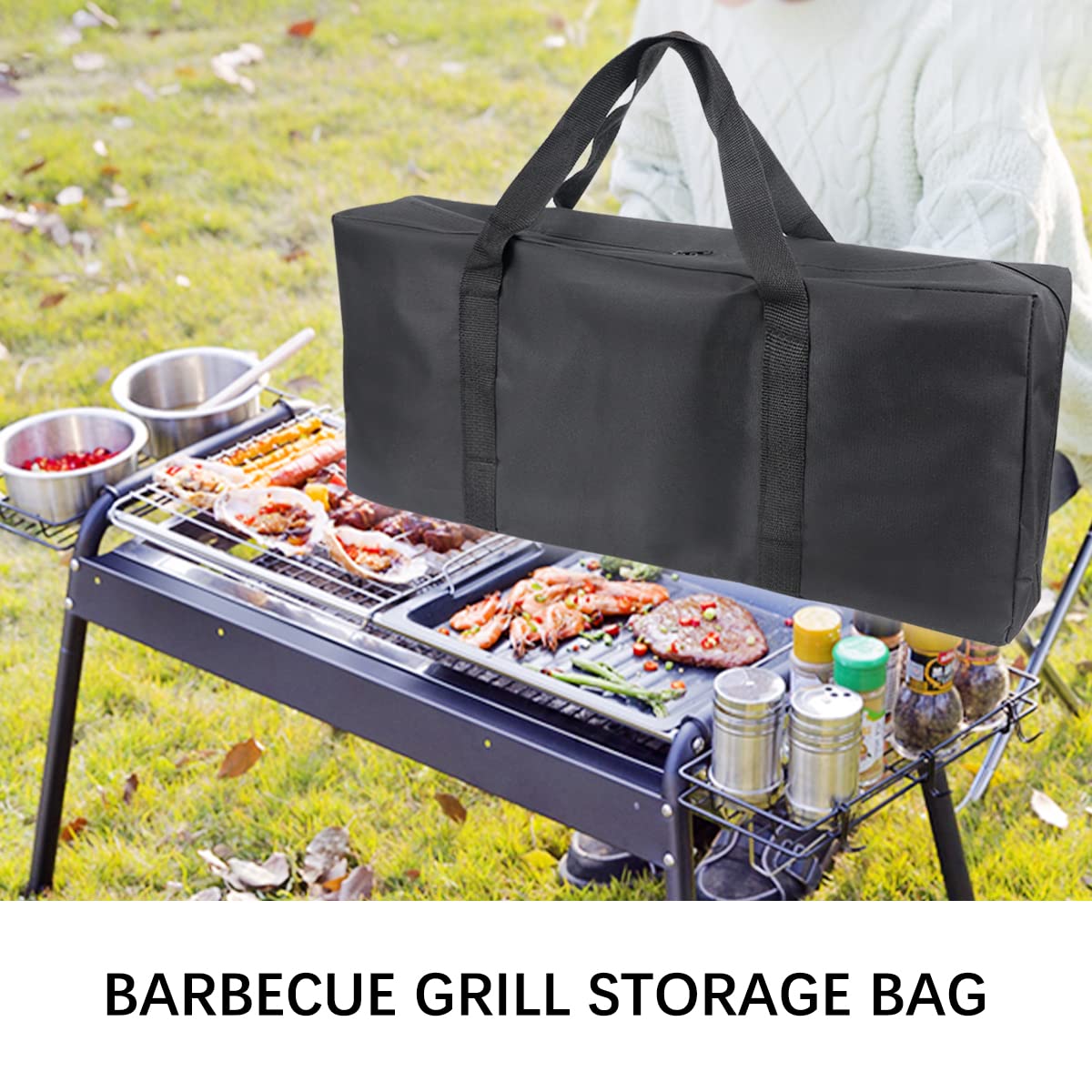 LNQ LUNIQI BBQ Tools Carry Bag,Large Capacity Oxford Grill Tool Carry Bag, Waterproof Outdoor BBQ Grill Accessories Bag for Picnic Cooking Camping Trip (Black,24.8x 5.12 x 9.45inch)