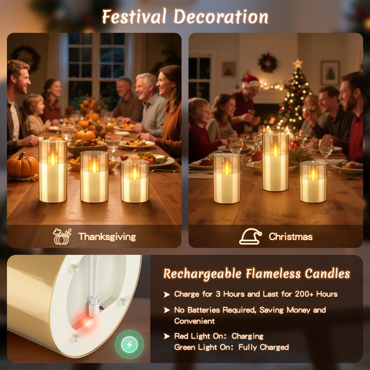3PC Radar Motion Sensor Rechargeable Led Candles, Flameless Flickering Candle with Remote & Timer, Real Wax in Glass with Flickering Warm Light for Festival, Bedroom, christmas and party Decor-Amber