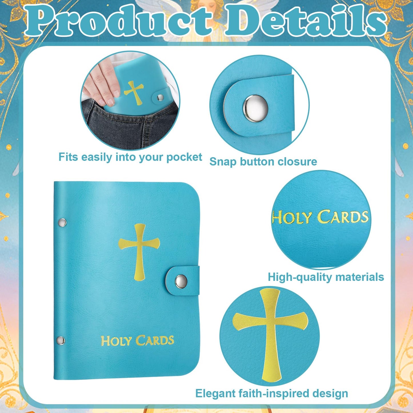 Lerheedi Holy Card Holder Case Faux Leather, up to 40 Prayer Cards with Snap Closure, Portable for Travel, Ideal Religious Gift for Adults, Unisex (Blue)