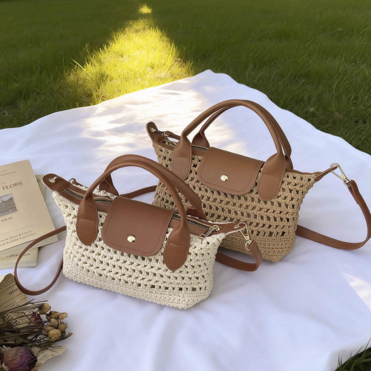 Crochet Crossbody Bags for Women Summer Beach Handbag Small Woven Tote Purse with Leather Top Handle White