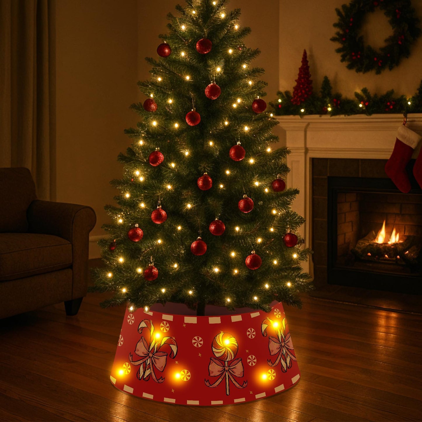 Christmas Candy Cane Tree Collar with LED Light Red Tree Skirt Blue Ring Base Cover for Christmas Trees Decoration Holiday Indoor Outdoor