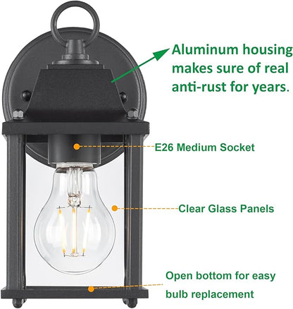 LIT-PaTH Outdoor Wall Lantern, Wall Sconce as Porch Lighting Fixture, E26 Base, Aluminum Housing Plus Glass, Water-Proof and Outdoor Rated, ETL Qualified, 2-Pack, Black