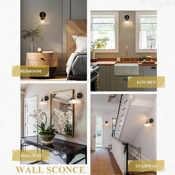 Vintage Wall Sconces Set of 2 Indoor 110V Hardwired Stripe Glass Wall Mounted Lamp Light Fixtures for Bathroom Vanity Kitchen Hallway Stairway, Anti-Rust Brushed Bronze Finish, E26 Base, WS-23061-B2