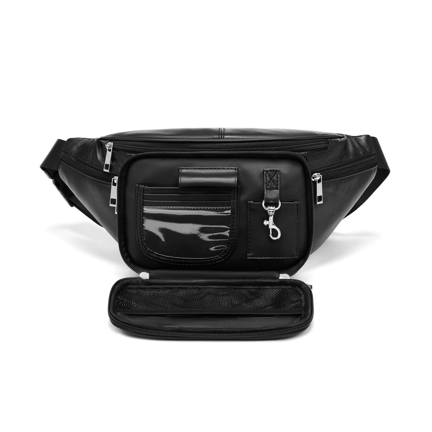 Genuine Leather Large 7 Pocket Waist Pack with Organizer, Card Slots (Black)