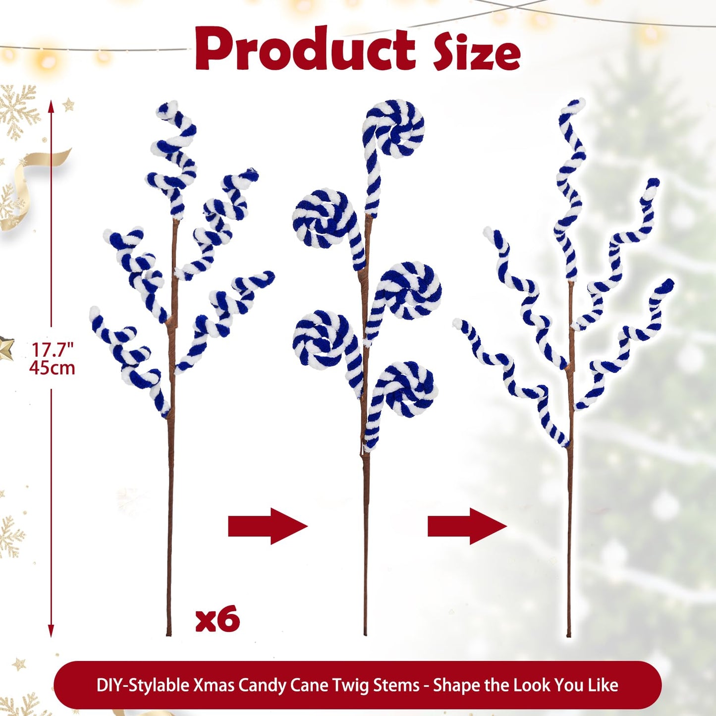 Briful 6 Pack Candy Cane Christmas Picks Spray, 17.7" Blue & White Candy Christmas Ornaments Xmas Tree Picks for Holiday Wreath Garland Vase Arrangement Decor
