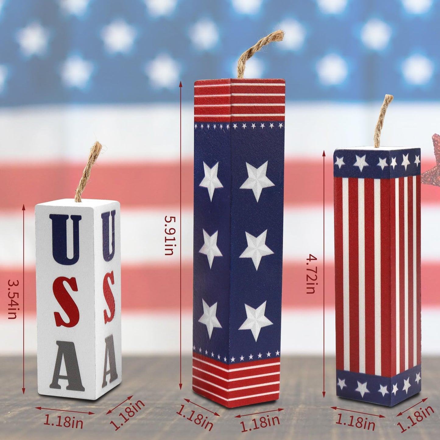 Hying 3 Pieces 4th of July Wooden Block Centerpieces for Table Decorations, Rustic Patriotic Tiered Tray American Stars and Stripes Table Centerpieces for Memorial Day Party Supplies