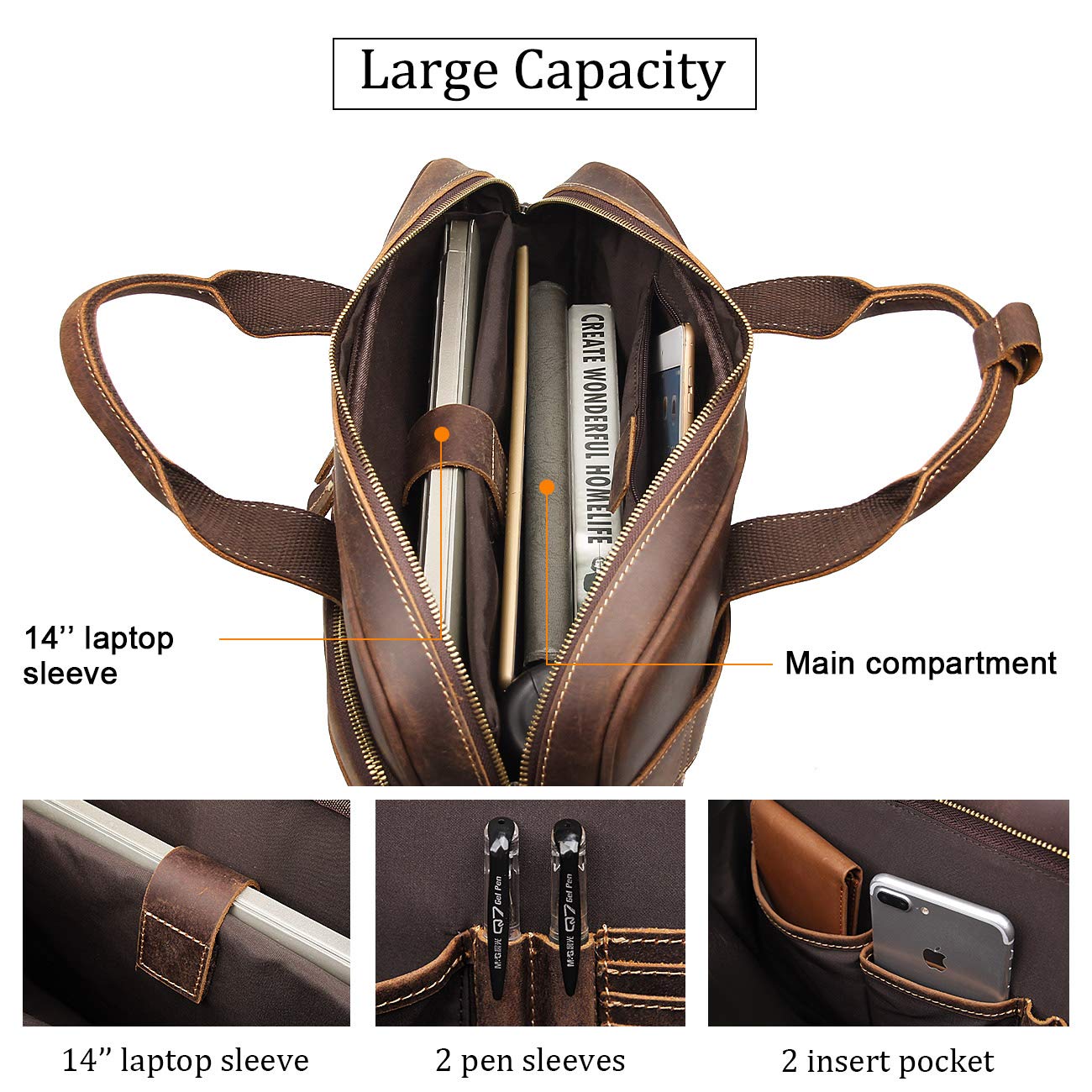 Augus Leather Briefcase for Men16 inch Laptop Bag Genuine Full-Grain Leather Messenger Shoulder Bag YKK Zipper Work Travel Brown