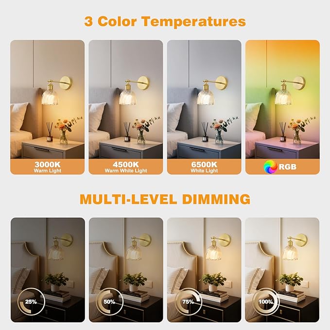 Vintage Battery Powered Cordless Wall Sconce Set of 2, Battery Wall Sconce with Amber Tulip Glass Lampshade, Rechargeable Battery Powered Wall Lights with Remote Control for Bedside Bedroom Doorway