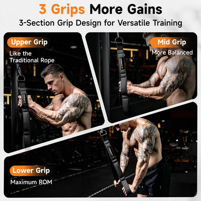 MANUEKLEAR 3 Grip Lengths in 1 Tricep Rope Cable Attachment with Ergonomic Handles, Greater ROM for Tricep Push Down Attachment Professional Gym Rope for Overhead Extension