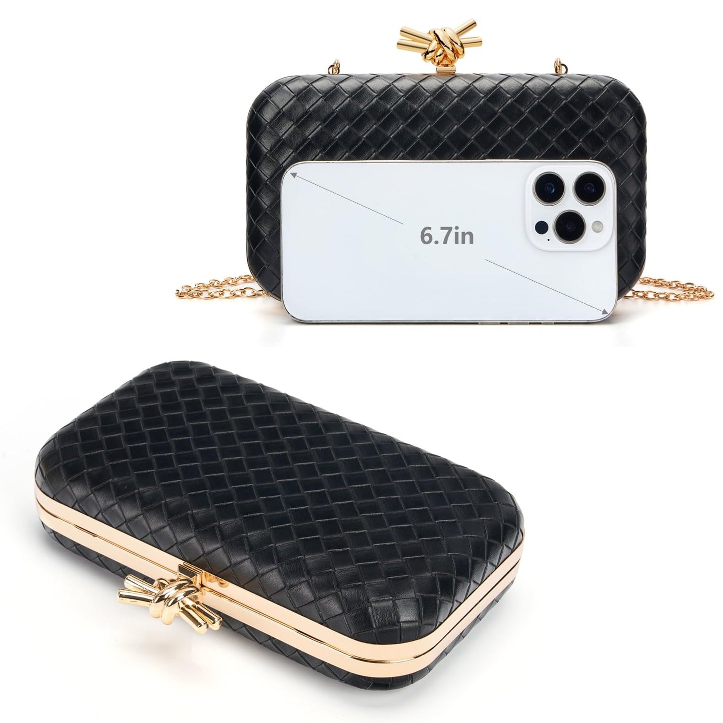 Gurina Elegant Woven PU Leather Clutch Purse for Women - Formal Evening Bags with Detachable Chain, for Weddings & Cocktail Parties (ZOOI Black)