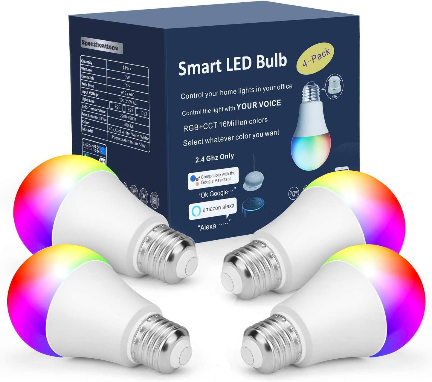 OHLUX Smart Light Bulbs, Color Changing LED Bulbs for Alexa and Google Assistant, 2.4GHz WiFi and Bluetooth with Music Sync, E26 A19, 120V, 4 Pack