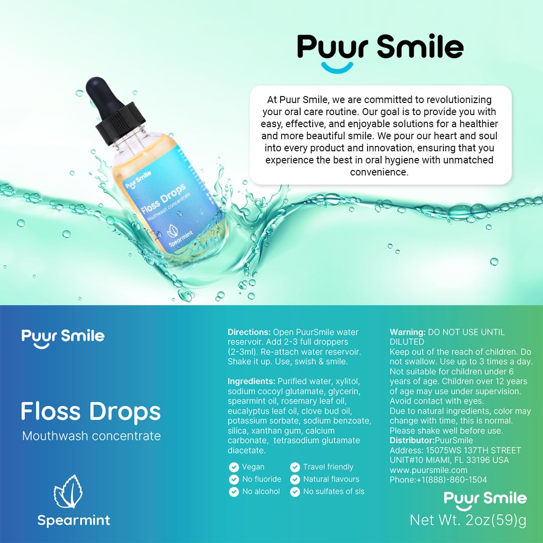 Concentrated Floss Drop Serum – 2oz Concentrated Mouth Wash to Use in Water Flosser | Natural Essentials Promotes Good Breath | Organic Spearmint Drop Supports Good Oral Health