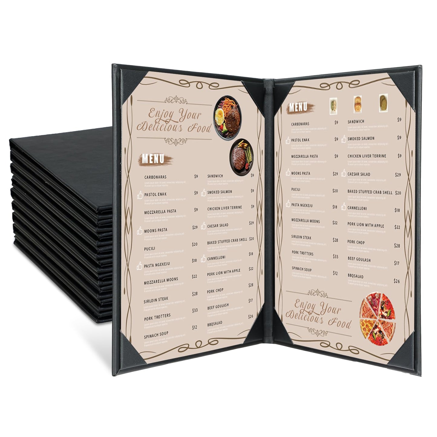 FLKQC Restaurant Menu Covers Holders 8.5 X 11, 10 Pack Synthetic Leather Menu Holder Covers Book Style with Angled Corners Black for Wine List, Certificate Organizer Diploma Holder (2 Page 2 View)