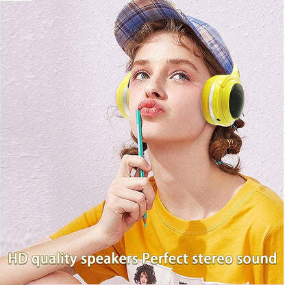 Kids Wireless Bluetooth 5.0 Earphones with 7 Colors LED Light, Earhook Headphones, Foldable Built-in Microphone, Suitable for Boys and Girls Game/Music/Study, Christmas/Birthday/Travel Gift (Yellow)