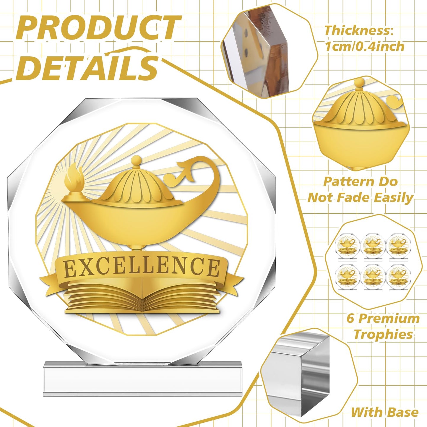 CroBlissful 3/6 Pcs Trophy Award 4.72 x 4.72 Inches Acrylic Trophy Plaques Awards for Adult Team Participation Gift Prizes(6 Pcs,Academic Excellence Style)