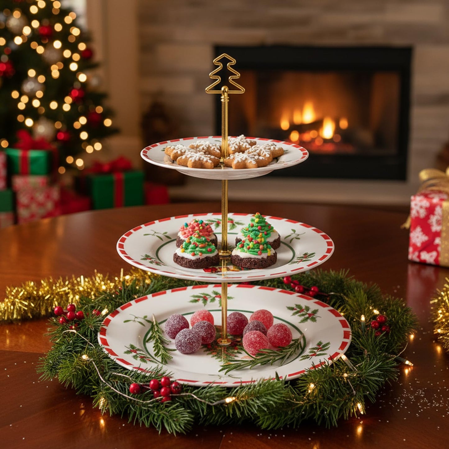 Lallisa 3 Tier Christmas Cake Stand 10", 9" and 7" Ceramic Xmas Tree Tiered Cupcake Display Holder Tower for Serving Food Cake Desserts Treats Holiday Party Decoration