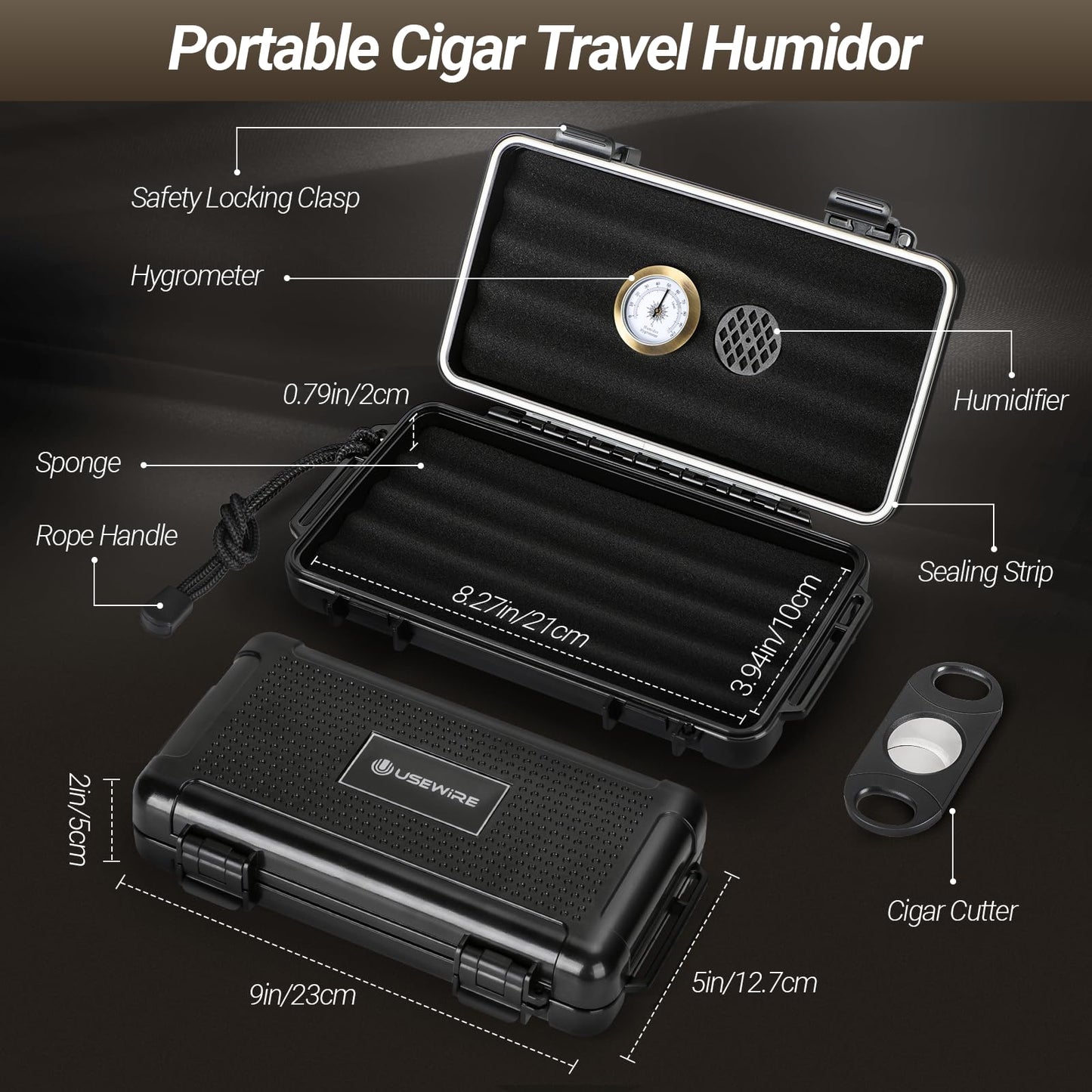 USEWIRE Cigar Travel Humidor and Cigar Lighter Set, Portable Travel Cigar Case with Humidifier, Hygrometer, Cigar Lighter, Cigar Cutter, Travel Humidor Holds 4-5 Cigars, Cigar Gift Set (Black)