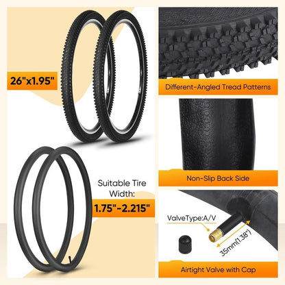 26 Inch Bike Tire, 2Pack 26 x 1.95 Bike Tires & Tubes with Repair Kit, Folding Portable 26 MTB Tires, Replaceable Bicycle Tires 26x1.95 with Inner Tubes and Levers for City Roads, Muddy Trails