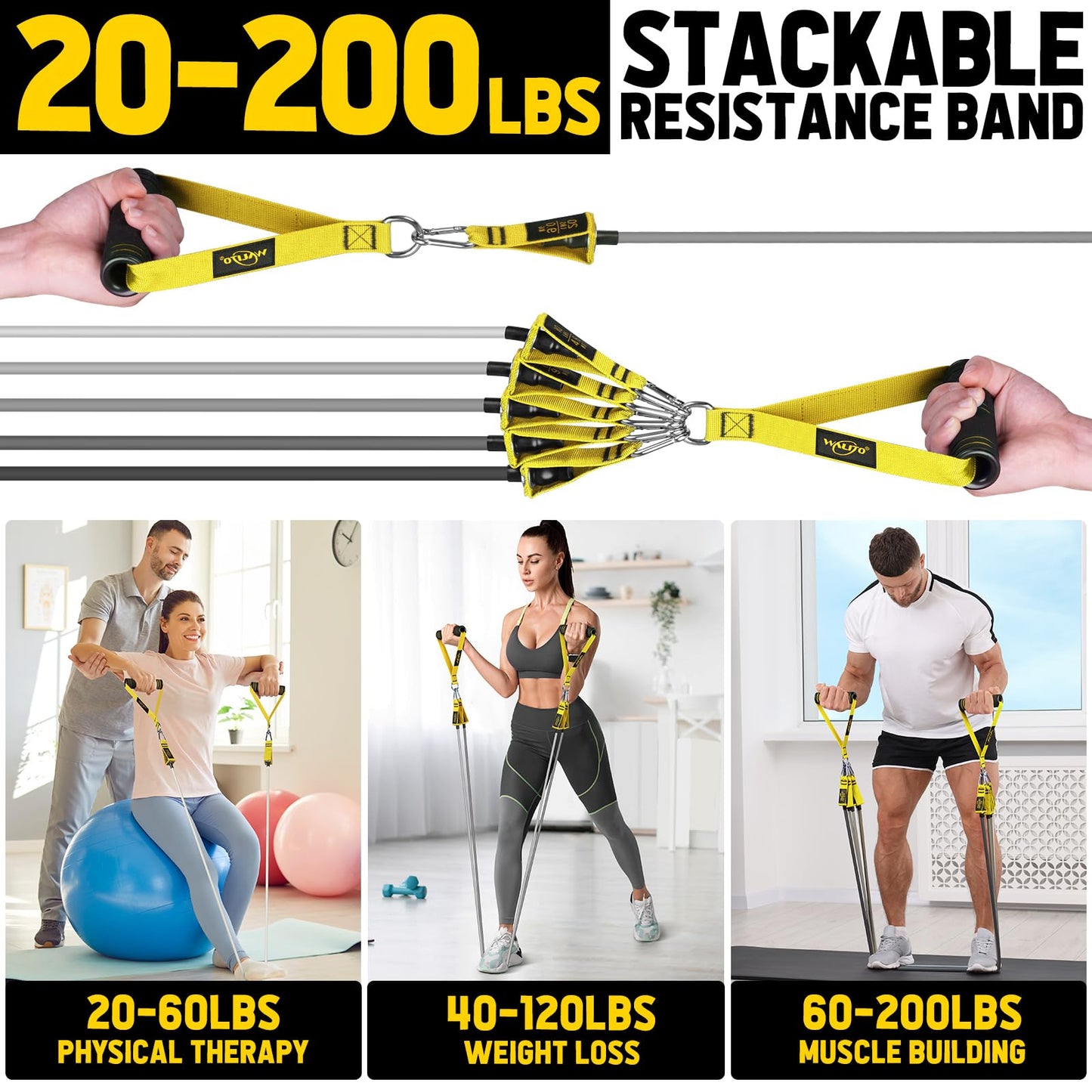 WALITO Resistance Bands Set - Exercise Bands with Handles, Door Anchor, Legs Ankle Straps, for Heavy Resistance Training, Physical Therapy, Muscle Training, Yoga, Home Workouts, Gym
