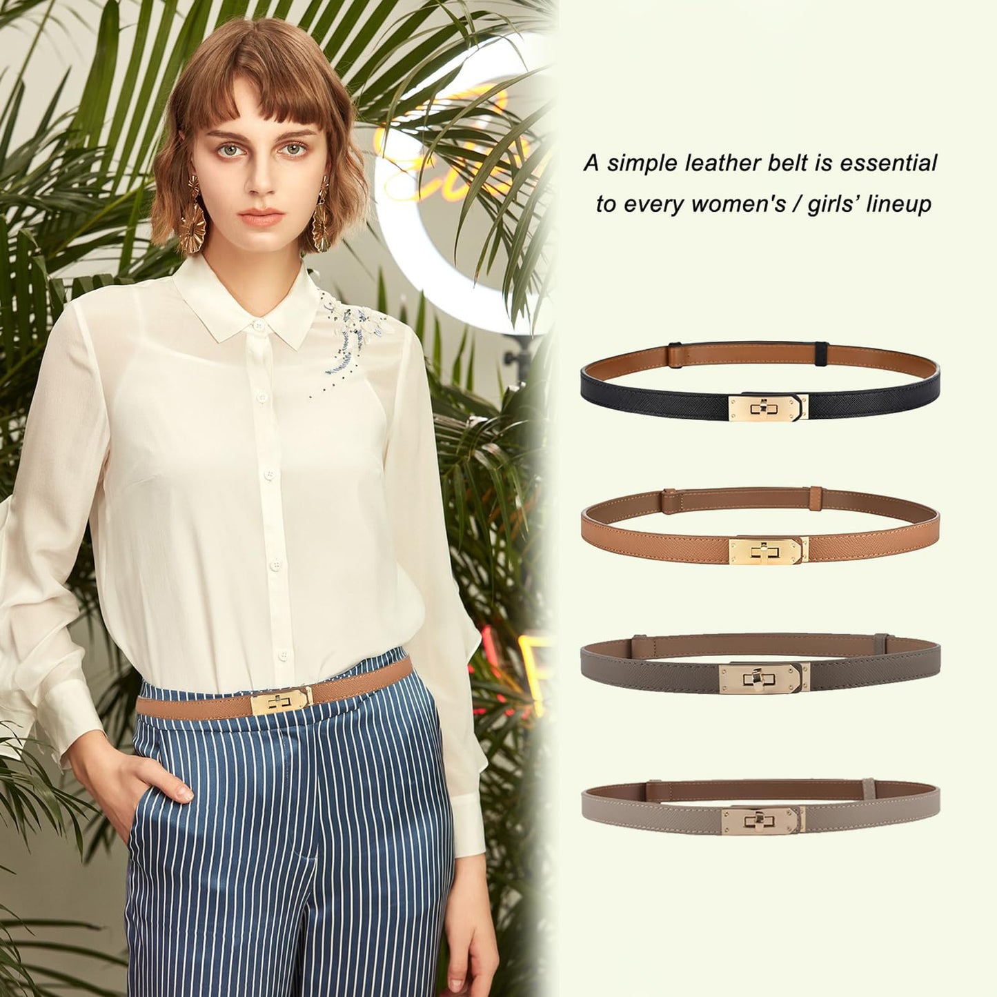 Ovekaut Women Skinny Leather Belt Solid Color Alloy Turn Lock Adjustable Waistband for Dresses Jeans Coats (White/Gold)